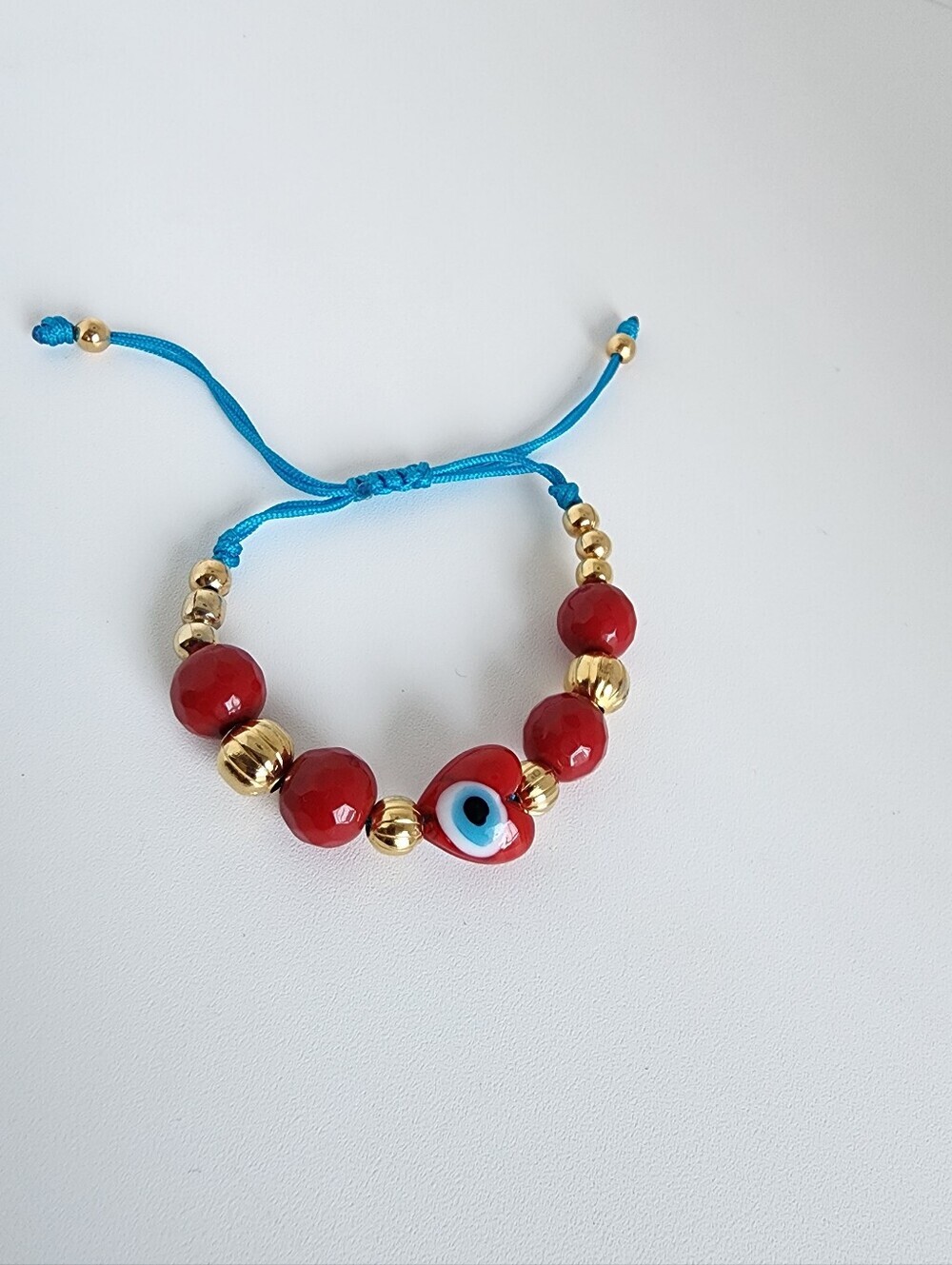 Evil Eye Red Beaded Adjustable Bracelet Gold Tone Boho Chic